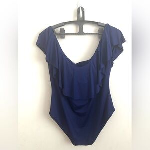 Trina Turk Womens Off Shoulder Ruffle Sz 20 One Piece Swimsuit Blue Beach Resort